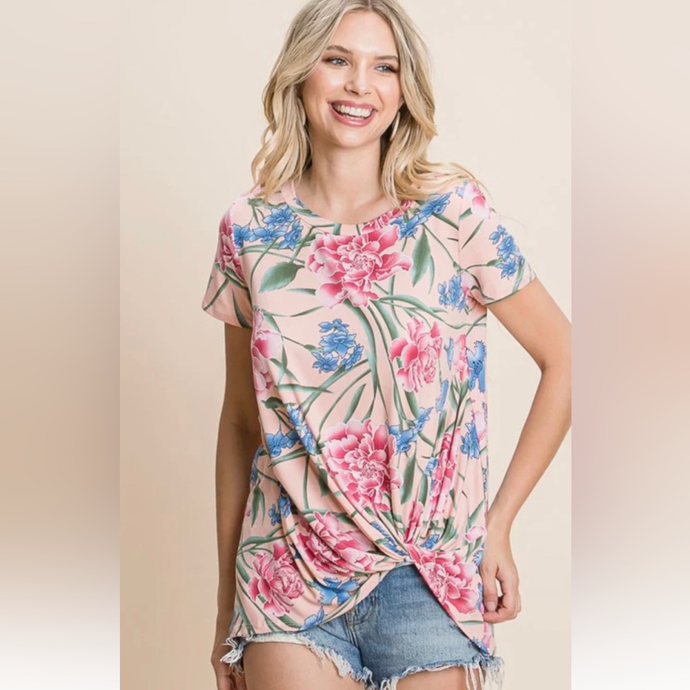Pink Floral Print Twist Hem Top